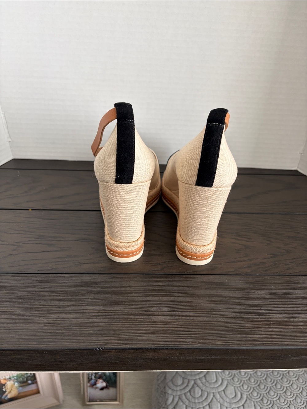 Tory Burch Beige Canvas Espadrille Wedges with Black Toe Cap - Picture 3 of 5